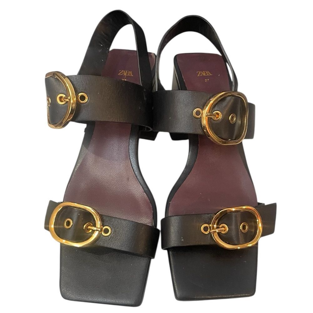 Zara Black Leather Block Heel